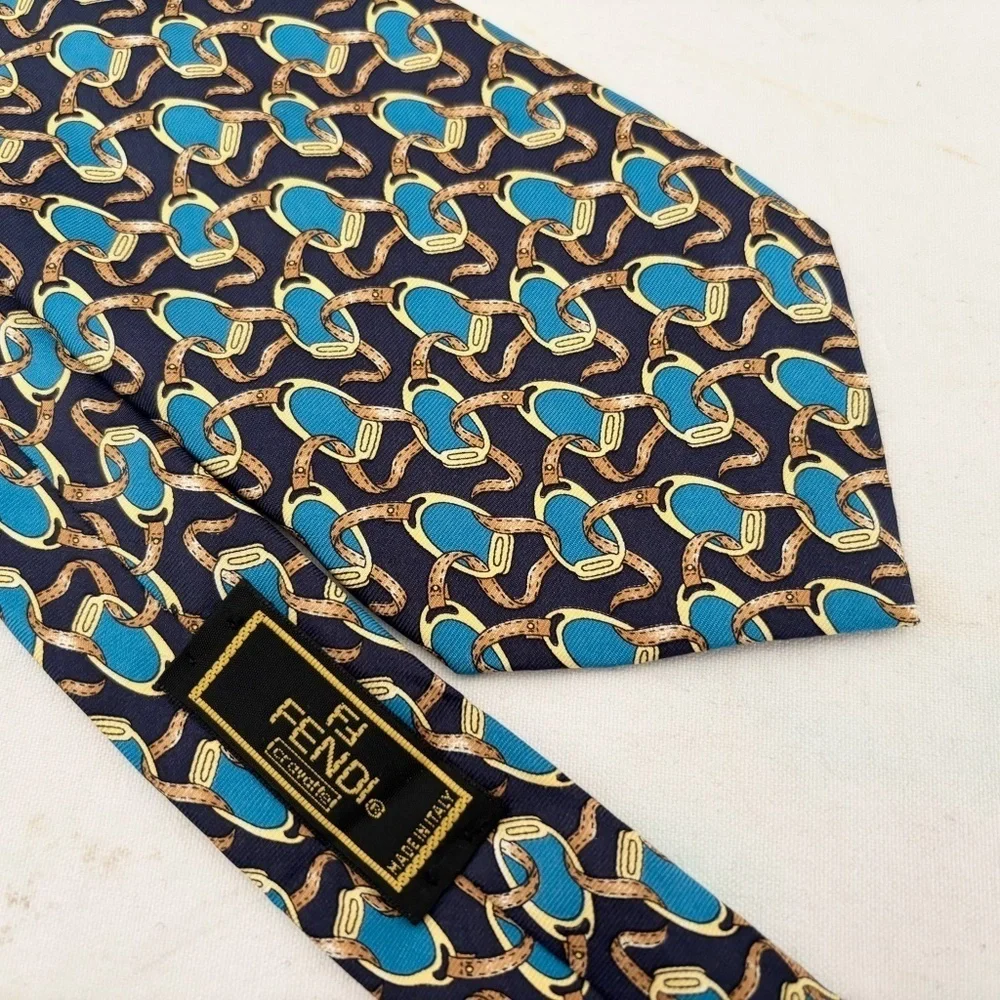 Fendi Horse Shoe Bit Print Silk Tie